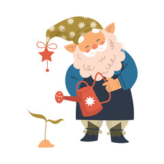 Funny Gnome Character with Beard in Pointed Hat Watering Plant Vector Illustration