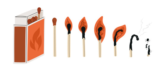 Cartoon burning match animation. Gradual combustion and extinction sequence process. Open pull out box. Straw with brown sulphur heads. Charred sticks. Isolated matchbox. Garish vector set