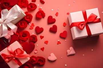 Red and pink hearts love background with gifts, ai generated