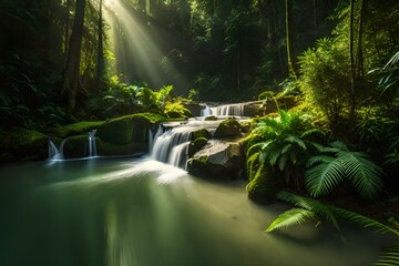 waterfall in the forest beautiful nature in forest sunrise over the mountains generative in ai technology