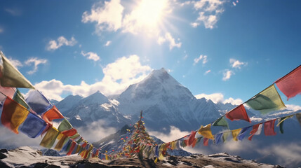 Tibetan prayer flags in the Himalayas.. Generative AI.