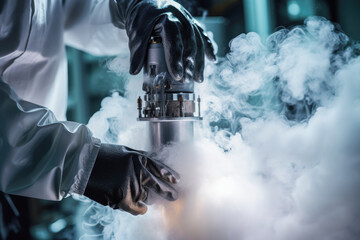 Biobanking technician, wearing heavy-duty cold protection gloves, placing a valuable biological sample in a tank with liquid nitrogen, ensuring its long-term storage and usability. - obrazy, fototapety, plakaty