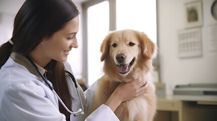 Smiling veterinarian examining golden retriever dog in clinic. Generative Ai.