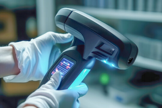 Handheld barcode scanner used to track and register biological samples inside a biobank, streamlining the process of sample management.