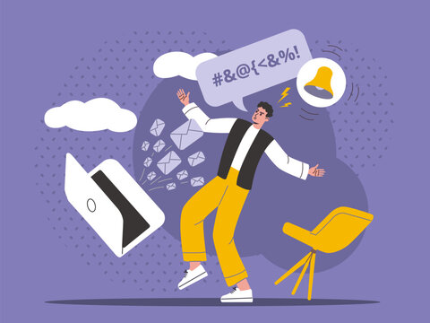 Cartoon guy gets spam newsletters. Scared stressed man dodges flying envelopes with messages. Unnecessary information. Computer email notification bell. Receive letters. Vector concept