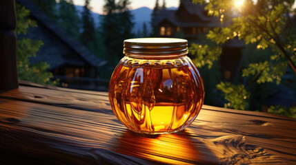 A jar of honey on a wooden table against the backdrop of the evening mountains. Generative AI.
