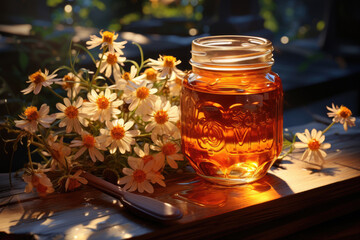 Honey in a glass jar on the table with daisies. Generative AI.