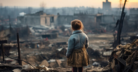 A little girl stands on the ruins of a destroyed building and looks into the distance. War concept. Generative AI.