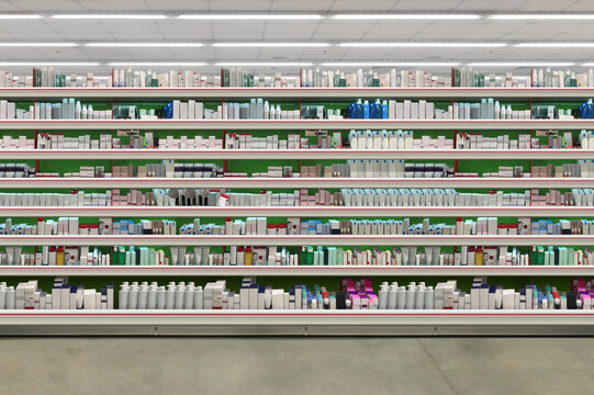 Skincare, Cosmetic bottles, Deodorant, shampoo and disinfection kit on shelf in supermarket. Suitable for presenting new products and new designs of labels among many others. 