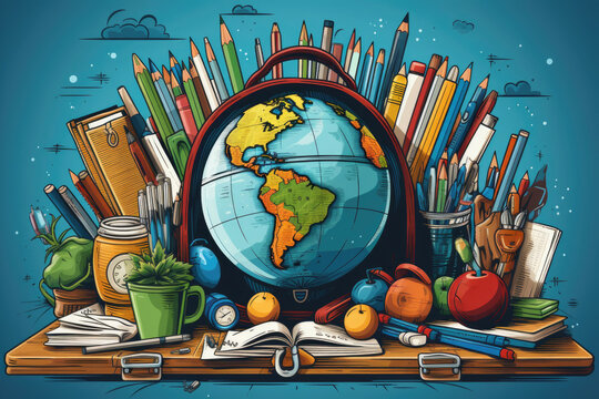 Back to school background with globe, books, pencils, apple and other supplies. Vector illustration. Generative AI.