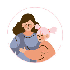 Happy Mother Embracing with Daughter Vector Illustration