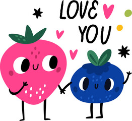 Cute fruits character emblem. Happy couple. Cartoon strawberry and blueberry hugs. Funny food mascots card. Love and romance. Ripe berries with smiling faces. Vector cartoon square banner