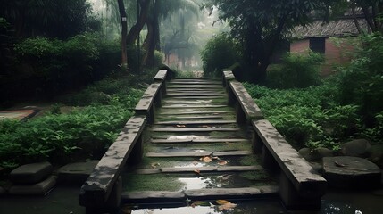 A pathway or stairs to the upper village, a bench for sitting and green nature wild bush and tree in the right or left.