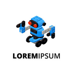 Logo with a blue robot assembled from plastic blocks in isometric style for printing and decoration. Vector illustration.