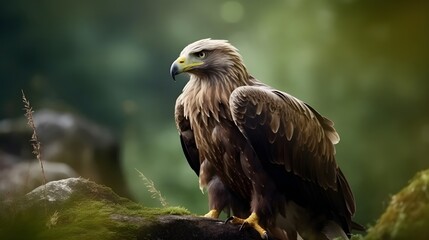 Obraz premium Golden eagle Aquila chrysaetos standing in the rock with nature background.