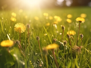 Illustration of young juicy green green grass with yellow dandelions. Macro, bokeh, sunlight. AI