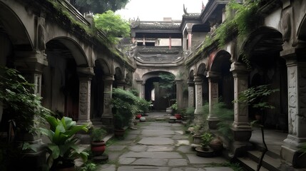 Fototapeta na wymiar Old asian center open yard of oriental building architecture.