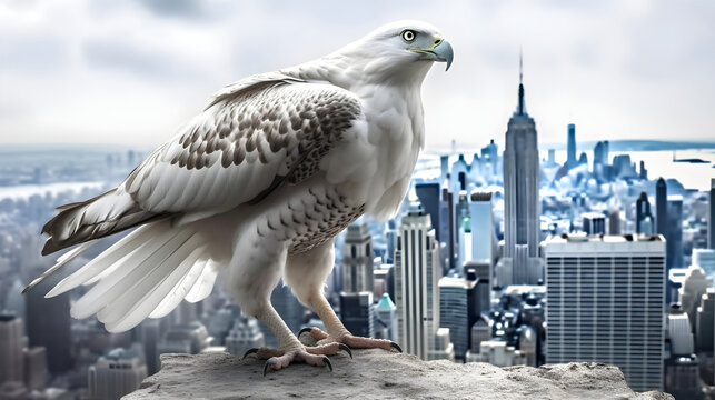 White Gyrfalcon birds standing in the high ground city background.