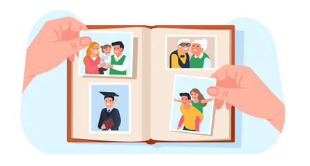 Family photo album. Hands holding memorable photographies. Students graduation snapshot. Couple and children portraits. Smiling grandparents picture. Scrapbook in arms. Vector concept