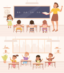 Classroom with Little Children Pupils Sitting at Desk Have Lesson Vector Set