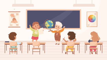 Classroom with Little Children Pupils Sitting at Desk Have Lesson Vector Illustration