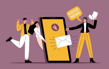 Getting good news. Happy employees rejoice. Large smartphone with message in letter envelope. People receive email correspondence. Positive emotions. Mobile phone messenger. Vector concept