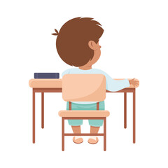 Fototapeta premium Cute Boy Pupil in Classroom Sitting at Desk Have Lesson Back View Vector Illustration