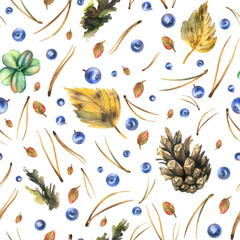 Forest, autumn leaves, pine cones and needles, moss and blueberries. Watercolor illustration, hand drawn. Seamless pattern for the design of packaging, fabric, textile, wallpaper on a white background
