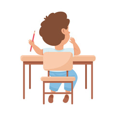 Cute Boy Pupil in Classroom Sitting at Desk Have Lesson Back View Vector Illustration