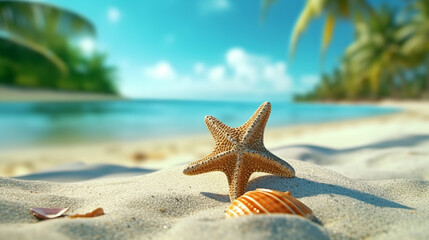 Fototapeta na wymiar Starfish and seashells on sandy beach. Summer vacation concept.generative ai