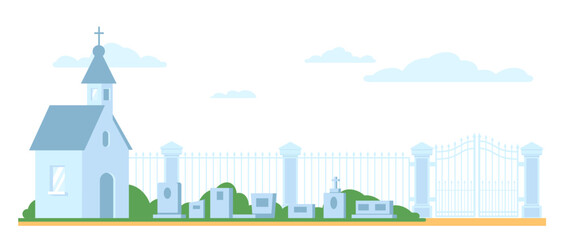 Landscape of cemetery with tombstones. Fence gates. Christian church building. Gravestone memorial monuments. Graveyard enclosure. churchyard scenery. Temple and tombs. Vector concept