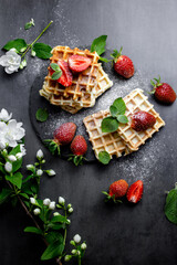 Obraz na płótnie Canvas Viennese and Belgian waffles decorated with strawberries, powdered sugar and mint