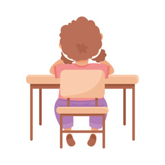 Cute Girl Pupil in Classroom Sitting at Desk Back View Have Lesson Vector Illustration