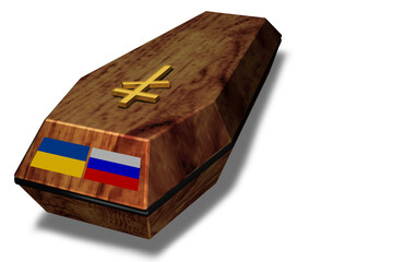 Wooden coffin with a Christian cross on a white background. The concept of humanity's last home.