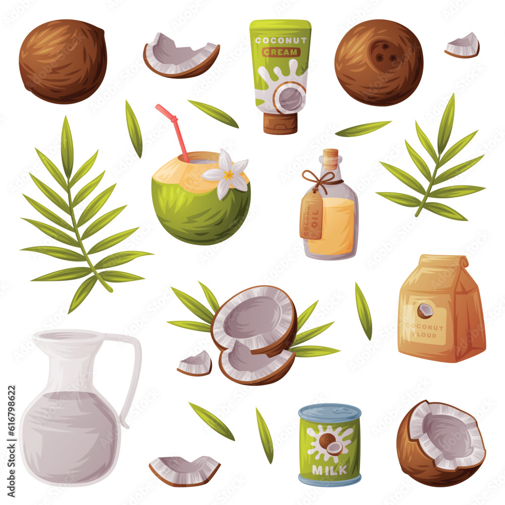 Sticker Coconut Products as Tropical Fruit and Organic Food and Cosmetic Ingredient Vector Set