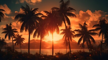 Obraz na płótnie Canvas Landscape of silhouette tropical coconut trees with lake and mountain in the background in the evening sunset golden hour cloudy sky.