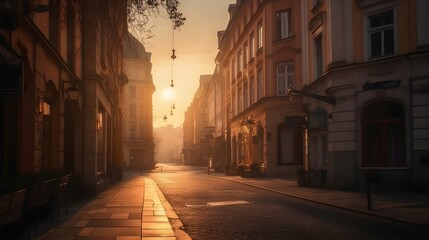 City streets at evening sunset golden hour, dark alley, stunning architecture, captivating road.