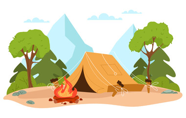 Summer camp forest cartoon landscape abstract concept. Vector design graphic illustration
