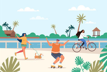 Sea promenade embankment summer landscape background concept. Vector design graphic illustration  © PrettyVectors