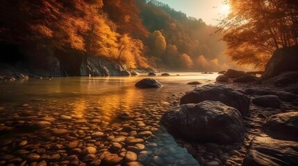 A tranquil sunrise with reflective waters in country side river. Dawn breaks, nature shines, reflecting sky, trees, rocks, water. Serene beauty in morning light.