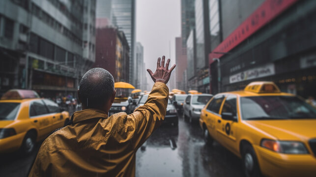 Businessman walking on the street with yellow taxi cab in the city.generative ai © S...