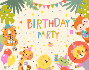 Fototapeta premium Birthday animal invitation, jungle animals banner design. Children exotic zoo characters, giraffe, fox and lion. Cartoon nowaday vector card