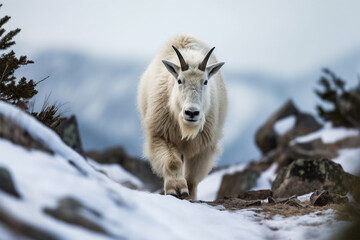 Fototapeta premium Mountain goat walking on a snowy mountain.Front view.Created with generative ai