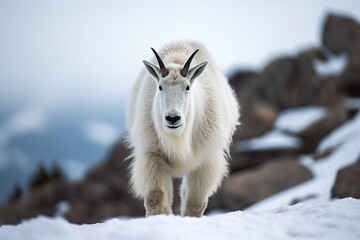 Fototapeta premium Mountain goat walking on a snowy mountain.Front view.Created with generative ai