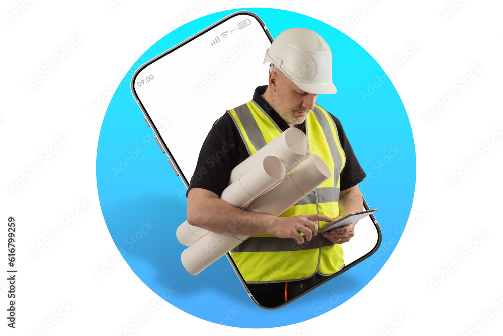 Poster man engineer. architect with tablet. big smartphone behind engineer. professional builder with bluep