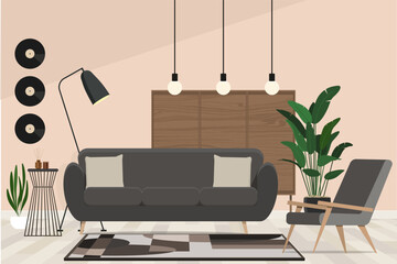 Illustration of a Stylish living room interior with comfortable dark sofa