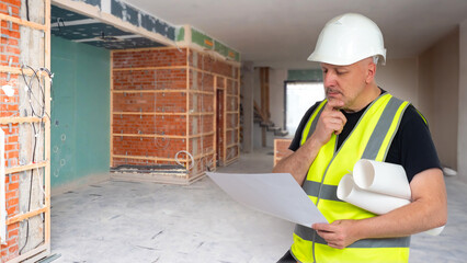 Man in house under construction. Builder thought. Repairman studies work plan. Builder with papers scratches chin. Guy in uniform of builder. Architect man in yellow vest and safety helmet