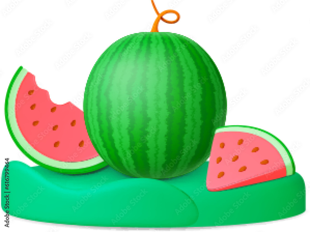 Sticker watermelon on podium 3d scene. realistic watermelons slices, juicy fresh fruits graphic elements. is