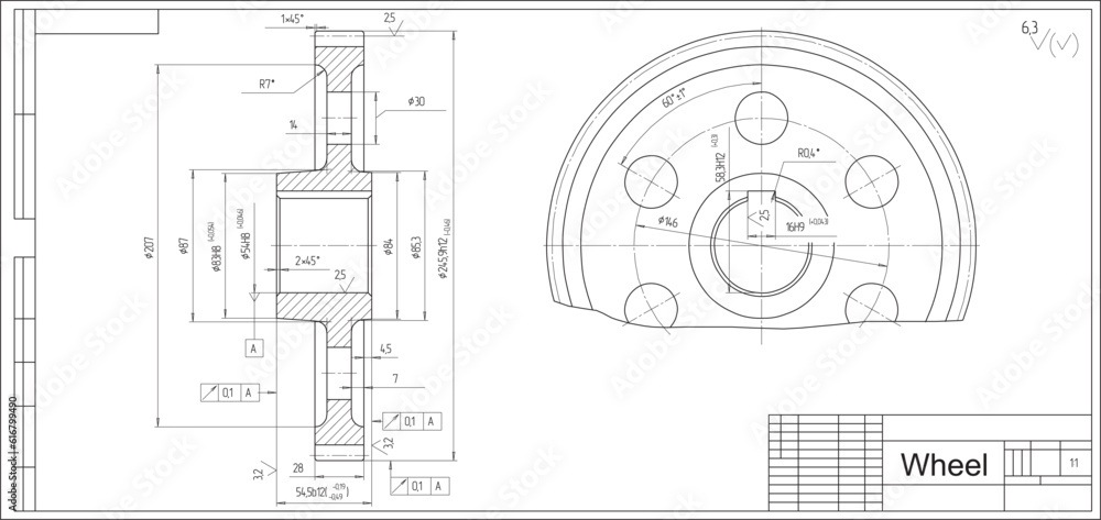 Poster Vector engineering cad drawing of a mechanical part (steel wheel)
with through holes.
Computer aided design of machine parts. Technical cad background.