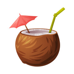 Exotic Brown Coconut Cocktail with Straw and Umbrella Vector Illustration